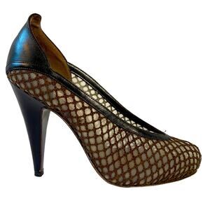 Guillaume Hinfray Espresso Brown Fishnet Heels Size 6.5/37